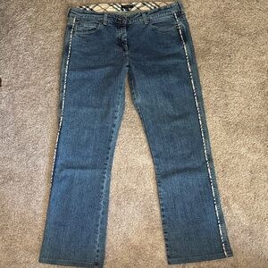 Burberry Denim Straight Leg Jeans with Plaid Accent
